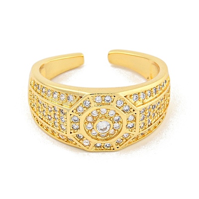 Rack Plating Octagon Brass Micro Pave Cubic Zirconia Cuff Finger Rings for Women RJEW-C103-06G-1