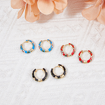 FIBLOOM 3 Pairs 3 Colors Brass Flower Pattern Hoop Earrings EJEW-FI0003-07-1