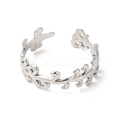 Non-Tarnish 304 Stainless Steel Leafy Branch Open Cuff Ring for Women RJEW-E063-21P-1