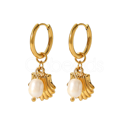 Stainless Steel Gold Plated Pearl Shell Earrings HN4085-1