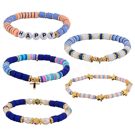 5Pcs 5 Style Handmade Polymer Clay Beads Stretch Bracelets Sets BJEW-SZ0001-77B-1