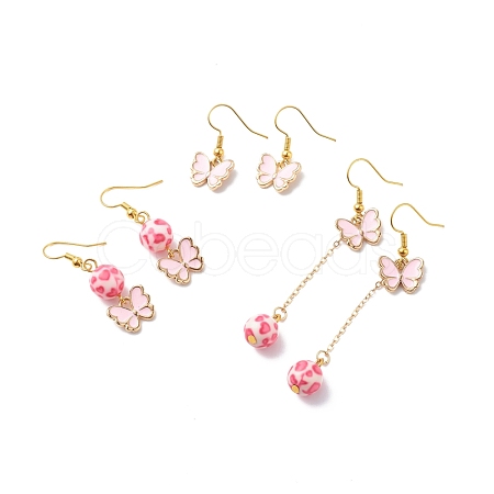 3 Pairs 3 Style Pink Alloy Enamel Charms & Resin Beads Dangle Earrings EJEW-JE05030-01-1