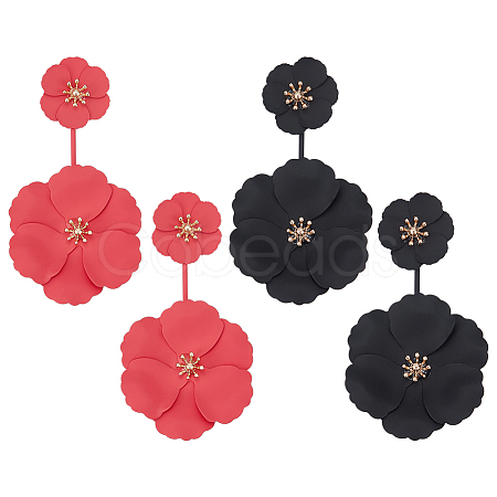ANATTASOUL 2 Pairs 2 Colors Alloy Double Flower Dangle Stud Earrings EJEW-AN0001-31-1