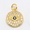 Flat Round with Evil Eye Brass Micro Pave Cubic Zirconia Charms, Cadmium Free & Nickel Free & Lead Free, Real 18K Gold Plated, 13x12x2mm, Hole: 3mm