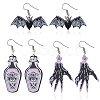 ANATTASOUL 3 Pairs 3 Style Skeleton Hand & Bat & Bottle Acrylic Dangle Earrings for Halloween EJEW-AN0002-93-1