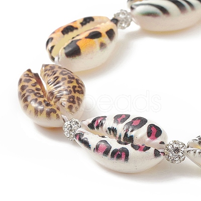 Animal Skin Printed Natural Cowrie Shell & Polymer Clay Braided Bead Bracelet with Rhinestone BJEW-JB09205-1