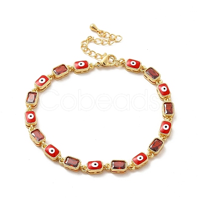 Enamel Evil Eye & Cubic Zirconia Rectangle Link Chain Bracelet BJEW-C029-02G-10-1