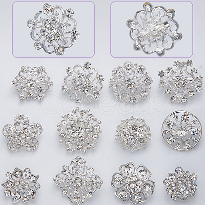 Gorgecraft 12Pcs 12 Style Crystal Rhinestone Flower Brooch Pins JEWB-GF0001-36B-1