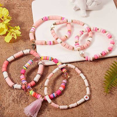 8Pcs 8 Style Love Word Polymer Clay Heishi Beaded Stretch Bracelets Set for Teen Girl Women BJEW-SZ0001-79-1