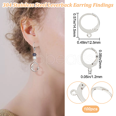 Beebeecraft 100Pcs 304 Stainless Steel Leverback Earring Findings STAS-BBC0004-12-1