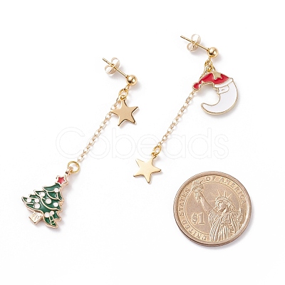 Christmas Tree & Moon Alloy Enamel Dangle Stud Earrings EJEW-TA00096-1