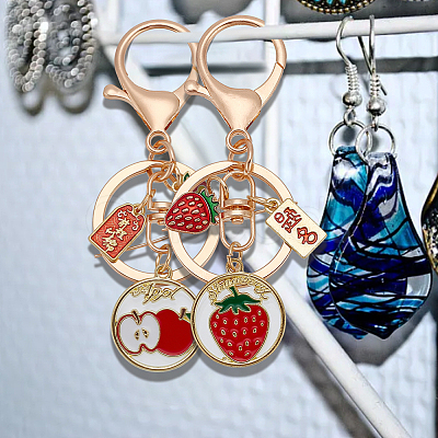 DELORIGIN 6Pcs 6 Style Fruit Alloy Enamel Pendant Keychain with Lucky Charm KEYC-DR0001-08-1