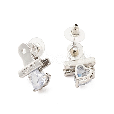 Clear Cubic Zirconia Heart Clasp Stud Earring with 925 Sterling Silver Pins EJEW-A084-02P-1