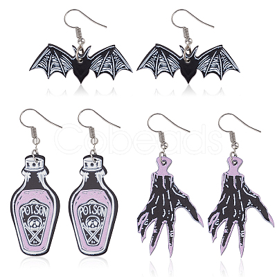 ANATTASOUL 3 Pairs 3 Style Skeleton Hand & Bat & Bottle Acrylic Dangle Earrings for Halloween EJEW-AN0002-93-1