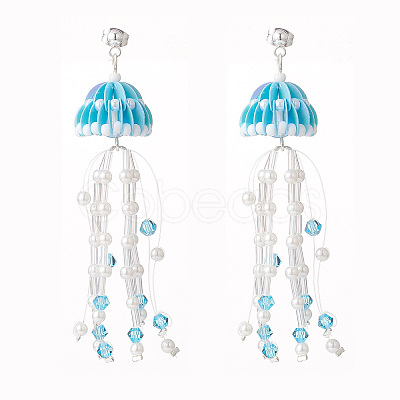 Glass Seed & Synthetic Moonstone Beaded Long Tassel Dangle Stud Earrings with Shell Pearl for Women EJEW-TA00062-1