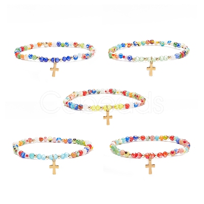 Millefiori Glass Beaded Stretch Bracelet with 304 Stainless Steel Cross Charm for Women BJEW-JB08521-1