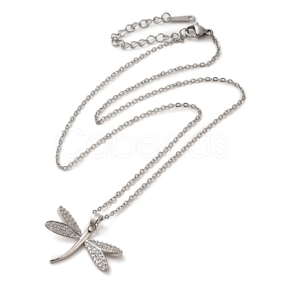 Brass Pave Clear Cubic Zirconia Dragonfly Pendant Necklaces NJEW-M080-03-1