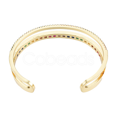 Colorful Cubic Zirconia Double Line Open Cuff Bangle BJEW-N014-011-1