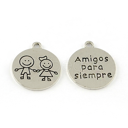 Flat Round with Children and Words Tibetan Style Alloy Pendants TIBEP-R338-07AS-RS-1