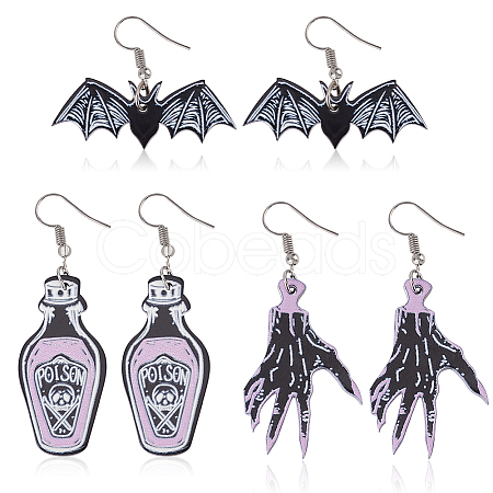 ANATTASOUL 3 Pairs 3 Style Skeleton Hand & Bat & Bottle Acrylic Dangle Earrings for Halloween EJEW-AN0002-93-1