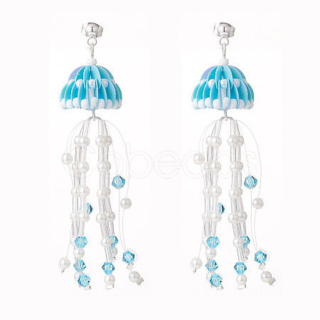 Glass Seed & Synthetic Moonstone Beaded Long Tassel Dangle Stud Earrings with Shell Pearl for Women EJEW-TA00062-1