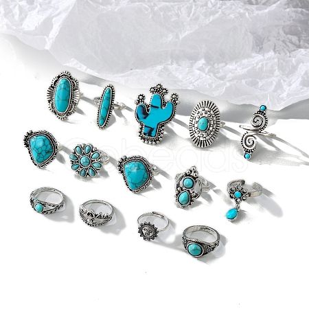 14Pcs 14 Styles Synthetic Turquoise Adjustable Rings PW-WG29375-01-1