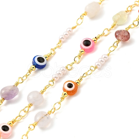 Natural Mixed Gemstone Nuggets & Colorful Glass Evil Eye Beaded Chain CHC-G017-11G-1