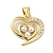 Rack Plating Brass Glass Imitation Pearl Pendants, with Cubic Zirconia, Long-Lasting Plated, Lead Free & Cadmium Free, Heart, Real 18K Gold Plated, 16.5x16.5x4mm, Hole: 4x3.5mm