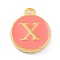 Golden Plated Alloy Enamel Charms, Enamelled Sequins, Flat Round with Alphabet, Letter.X, Hot Pink, 14x12x2mm, Hole: 1.5mm