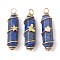 3Pcs 3 Styles Natural Lapis Lazuli Copper Wire Wrapped Pointed Pendants, Faceted Bullet Charms with Golden Tone Brass Heart & Star & Butterfly Beads, 34.5~37x10.5x12mm, Hole: 2.7mm, 1pc/style