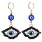 Glass Seed Bead Evil Eye Hoop Earrings, with Lampwork and Resin Beads, Golden, Black, 63x22mm