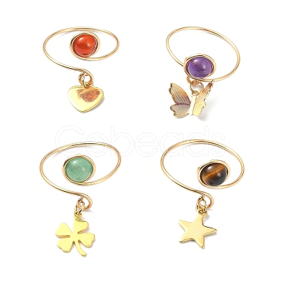 4Pcs 4 Style Natural Mixed Gemstone Open Cuff Rings Set RJEW-TA00078-1