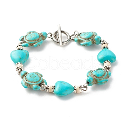 Heart & Tortoise Synthetic Turquoise(Dyed) Beaded Bracelet BJEW-JB07302-02-1