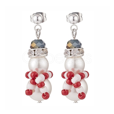 Shell Pearl & Glass Braided Christmas Snowman Dangle Stud Earrings EJEW-TA00089-1