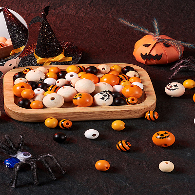 Craftdady 140Pcs Halloween Theme Painted Natural Wood Beads WOOD-CD0001-19-1