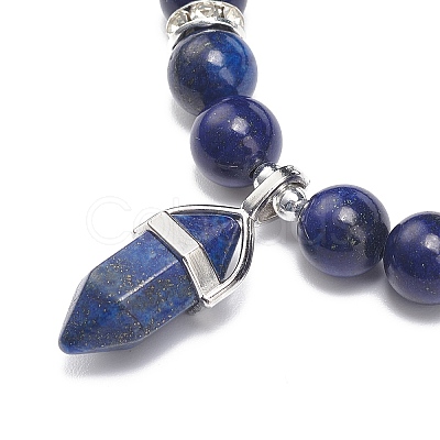 Natural Lapis Lazuli(Dyed) Round Beaded Stretch Bracelet with Bullet Charms BJEW-JB09018-01-1