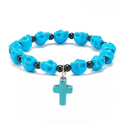 Natural Mashan Jade Skull Beaded Stretch Bracelet with Synthetic Turquoise(Dyed) Cross Charm BJEW-JB08378-04-1