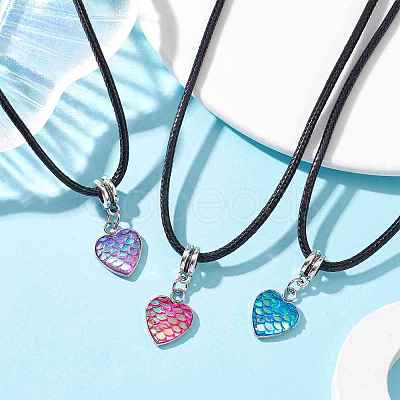 Heart with Fish Scale Shape 304 Stainless Steel with Resin Pendant Necklaces NJEW-JN04571-1