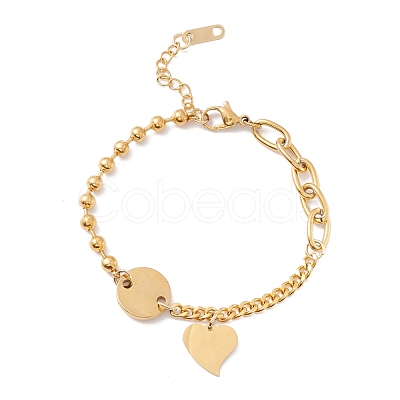 PVD Vacuum Plating Flat Round and Heart Charm Bracelet with 304 Stainless Steel Chains for Women STAS-P304-11G-1