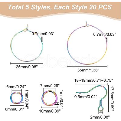 Unicraftale 40Pcs 2 Style Ion Plating(IP) Rainbow Color 304 Stainless Steel Hoop Earrings Findings STAS-UN0039-05-1