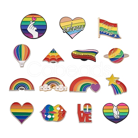 Yilisi 15Pcs 15 Style Love Rainbow Alloy Enamel Brooches Set JEWB-YS0001-04-1