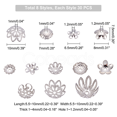 PandaHall Elite 240Pcs 8 Style Stainless Steel Flower Bead Caps STAS-PH0004-27-1