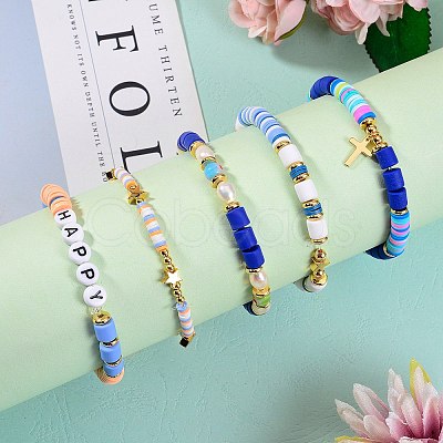 5Pcs 5 Style Handmade Polymer Clay Beads Stretch Bracelets Sets BJEW-SZ0001-77B-1