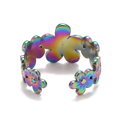 Rainbow Color Ion Plating(IP) 304 Stainless Steel Flower Wrap Open Cuff Ring for Women RJEW-A005-19-1