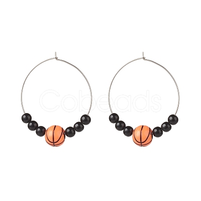 Sport Theme Acrylic Round Beaded Hoop Earrings EJEW-JE04977-1