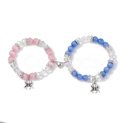 2Pcs 10mm Round Blue Cat Eye & Pink Cat Eye & Faceted Glass Beaded Stretch Bracelet Sets for Lover BJEW-JB10325-01-1