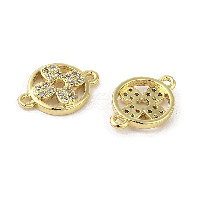 Rack Plating Brass Micro Pave Clear Cubic Zirconia Flat Round with Flower Connector Charms KK-C052-40G-1