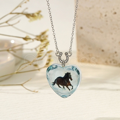 Heart with Horse Pattern Glass Pendant Necklaces PW-WGF1C5C-05-1