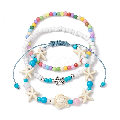 3Pcs 3 Styles Starfish & Turtle Synthetic Turquoise Braided Bead Bracelet Sets BJEW-JB10348-1