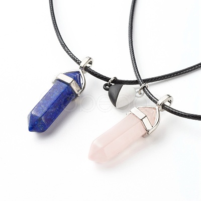 Natural Rose Quartz & Lapis Lazuli Double Terminated Pointed Pendants Necklaces Set for Couples Best Friends NJEW-JN03675-1